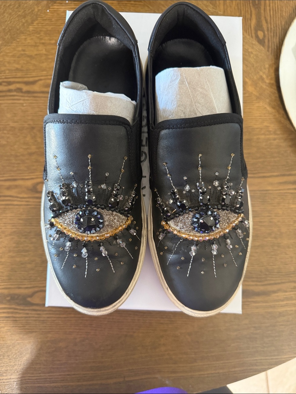 Kurt Geiger Black Leather Slip-On Embellished Sneakers - Picture 2 of 7